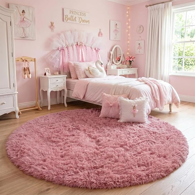 Blush Pink Big Round Rug 7Ft for Kids Bedroom, Fluffy Fuzzy Furry Circle Area Rugs for Girls Room Decor Aesthetic, Shaggy Circular Carpet for Baby Nursery Playroom, Cute Neutral Dusty Rose Mauve Rug