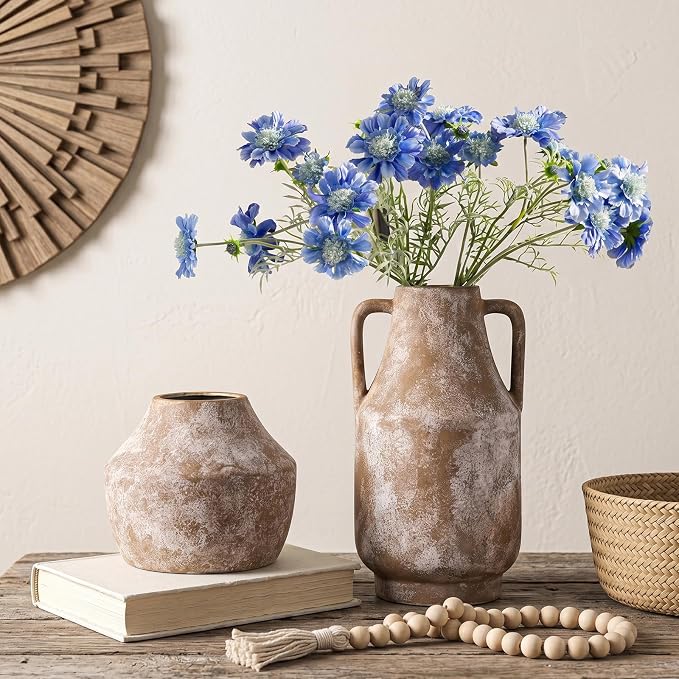Ceramic Flower Vase with Handles, 11in Tall Rustic Vases for Centerpieces | Waterproof Large Decorative Terracotta Vases for Home Decor, Living Room,Table, Handcrafted (Terracotta)