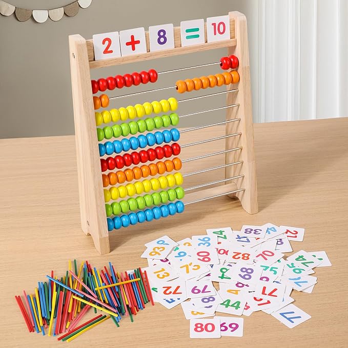 Wooden Abacus for Kids, Math Learning Tool, 10-Row Bead Frame with Counting Sticks, 1-100 Number Cards & Math Symbols, Preschool Educational Toy for Toddlers 3+