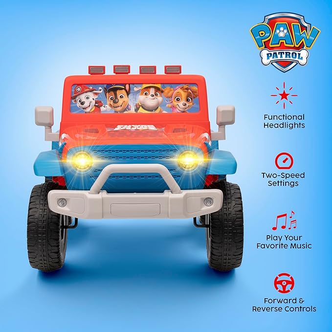 Paw Patrol - 12V Kids Ride On Jeep with Rechargeable Battery, LED Headlights, Press-Button Start, Durable Wheels, Forward & Reverse Drive, Contoured Seat