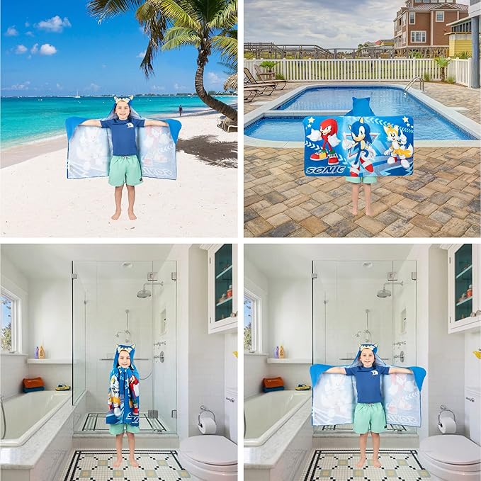 Sonic The Hedgehog, Anime, Bath/Pool/Beach Soft Cotton Terry Hooded Towel Wrap, 24 in x 50 in, By Franco Kids