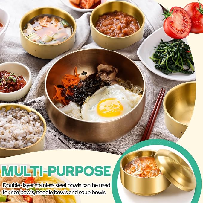 Reallnaive 4 Sets 17 oz Stainless Steel Korean Soup Rice Bowl with Lid for Cereal Kitchen Restaurant Double-walled Anti Scalding Metal Bowls for Soup Salad Noodles Insulated