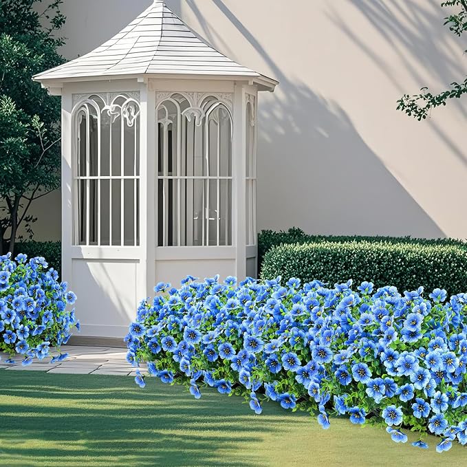 Ouddy Decor 12 Pcs Artificial Flowers for Outdoors Decorations, Blue | Lifelike silk flowers, UV resistant, faux plastic plants, for garden porch window table vase home indoor outdoor decor