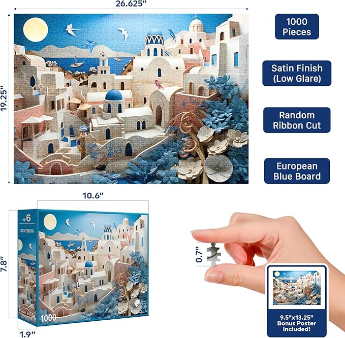 Santorini (#6) – 1000 Piece Jigsaw Puzzle for Adults | Premium European Blue Board | Satin Low-Glare Finish | Ribbon Cut | Bonus Poster | Display-Worthy Box | Printed in USA | Final Piece Puzzles