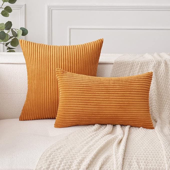 MIULEE Fall Soft Corduroy Throw Pillow Covers Set of 2 16x16 Burnt Orange | Decorative Striped Textured Cushion Cases, Boho Rustic Square Pillowcases, Home Decor for Couch Chair Sofa Bed Living Room