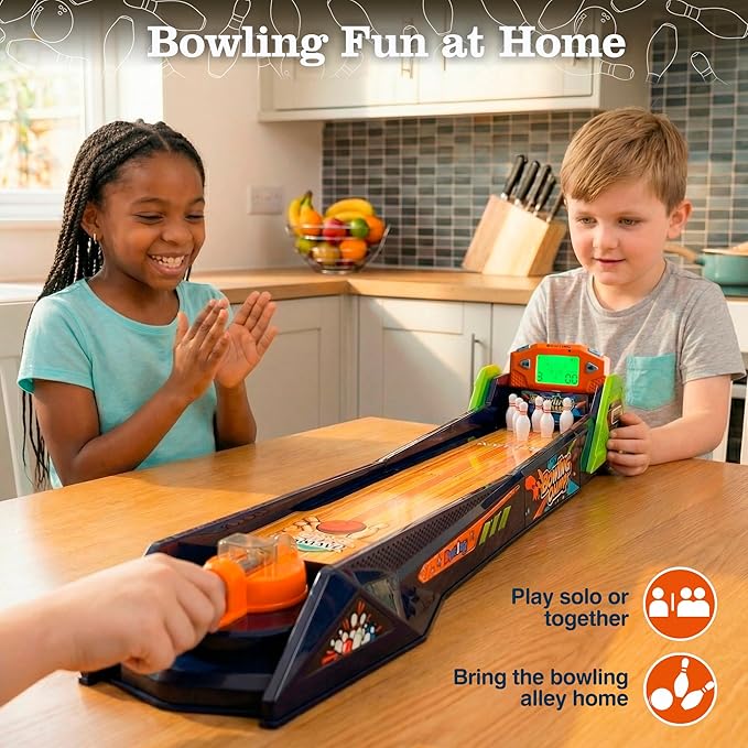Bowling Game — Electronic Tabletop Arcade Game with LCD Auto Scoring, Lights & Sound, Spring-Loaded Launcher & 1-2 Player Modes — Mini Bowling Set for Kids