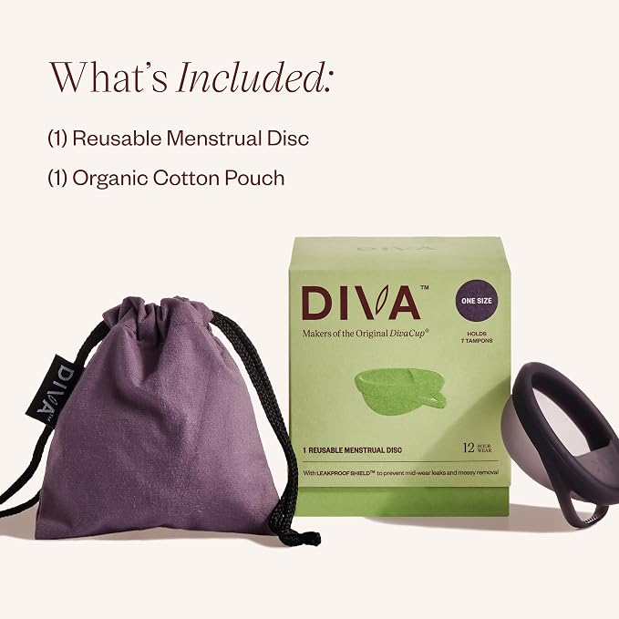 Diva Disc - Comfortable, Reusable Menstrual Disc with Leakproof Shield - for Up to 12 Hours of Continuous Wear - 100% Medical Grade Silicone - Holds 7 Tampons of Flow - One Size Fits Most