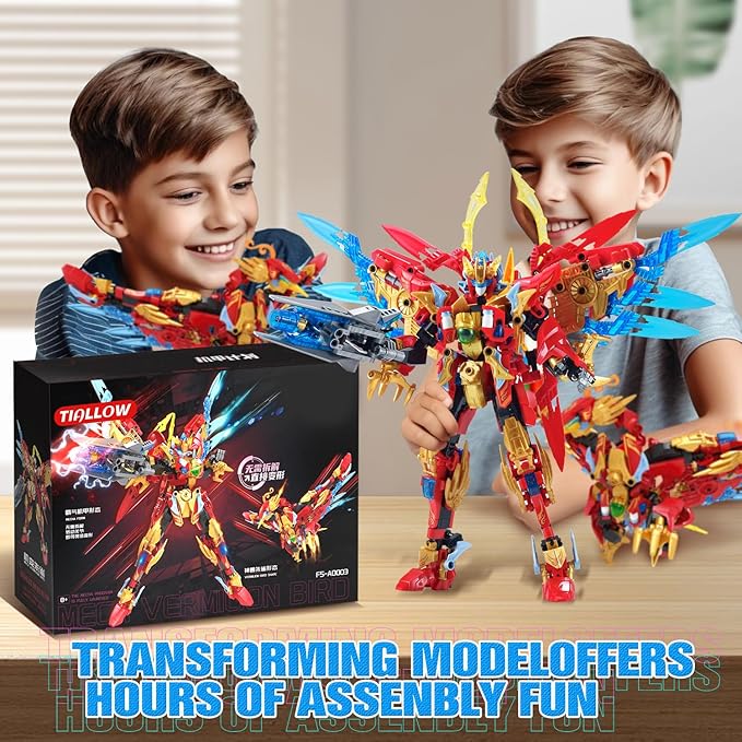Fire Phoenix Mech Sets 2in1 Building Blocks，Transforming Robot Building Kits with Vermilion Bird Model，Christmas Birthday Gift for Adults Kids Boys Ages 8-14（531 Pieces） (Vermilion Bird)