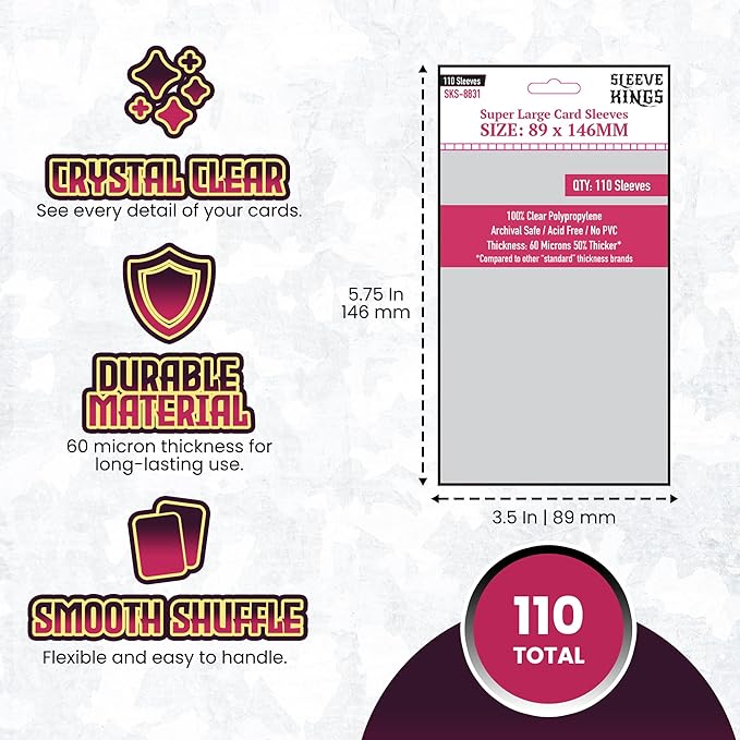 Sleeve Kings Premium Super Large Card Sleeves – 89x146mm, 110 Pack, 60 Micron Thick, Extra Clear, Acid-Free, PVC-Free, Compatible with Kingdom Death: Monster, The Elder Scrolls: Call to Arms & More