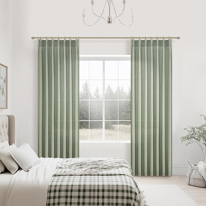 Sage Green Pinch Pleated Sheer Curtains 84 Inches Long for Living Room 2 Panels Set, Rustic Country Thick Linen Blend Light Filtering Window Drapes 40"W x 84"L with Back Tab Bedroom Viral Curtain 7 FT