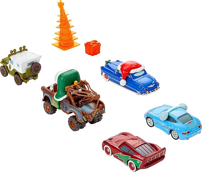 Mattel Disney and Pixar Cars Toy Multipack, Set of 5 Winter-Themed Vehicles Including a Holiday Hotshot Lightning McQueen & 2 Plastic Accessories (Amazon Exclusive)