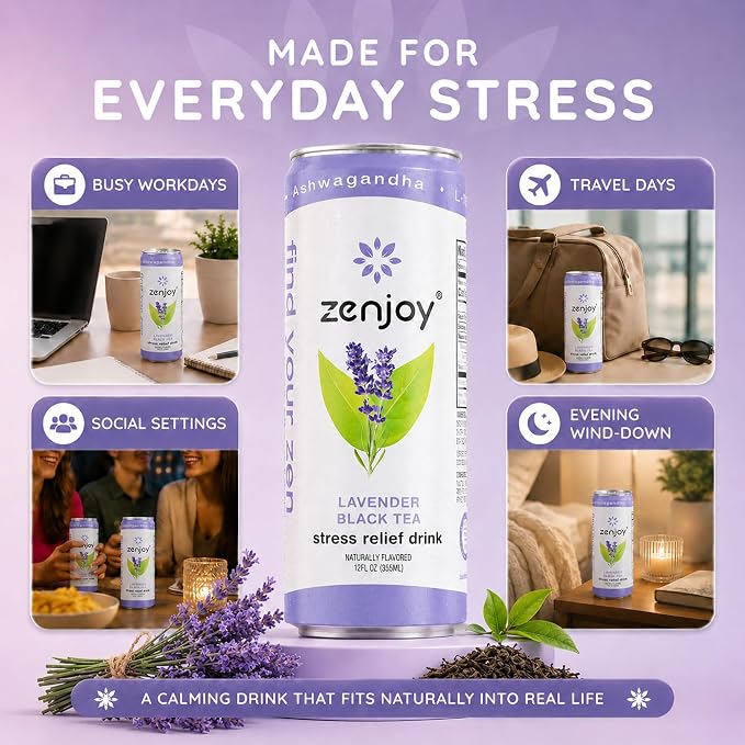 Zenjoy Adaptogen Drink Stress Relief Tea | Non Alcoholic Calming Drink w/Ashwagandha, Lemon Balm & L-Theanine for Focus | Stress Tea Calming Social Mocktail with Adaptogens (12 Pack, Lavender)
