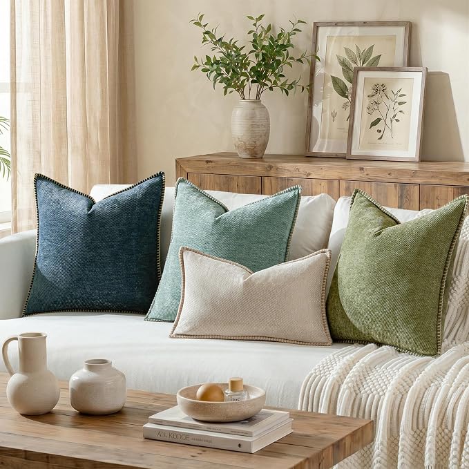 a moment Pack of 2 Decorative Chenille Throw Pillow Covers with Twill Cushion Covers for Sofa Living Room Couch Bed 20x20 Inch,Crafted Border Blue