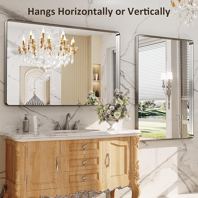 LOAAO 48X30 Inch Brushed Nickel Bathroom Mirror | Rounded Rectangle, Silver Metal Frame, Anti-Rust, Tempered Glass, Hangs Horizontally or Vertically