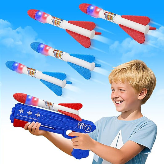 3 Pack Rocket Launcher Toys for Kids, 2 Flight Modes LED Foam Glider Catapult Rocket, Outdoor Flying Toy, Birthday Gifts for Boy Girl 6+ Year Old, B-Day Party Supplies