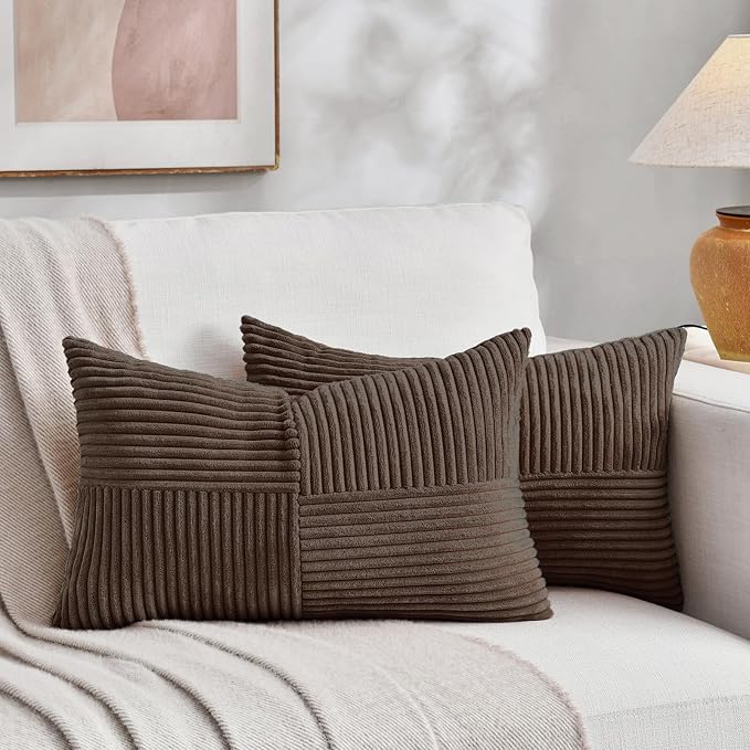 Fancy Homi 2 Packs Dark Brown Lumbar Decorative Throw Pillow Covers 14x24 Inch for Couch Bed, Rustic Farmhouse Boho Home Decor, Soft Striped Corduroy Rectangle Accent Cushion Case 35x60 cm