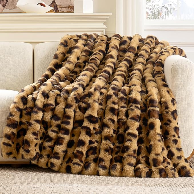 Cozy Bliss Cheetah Leopard Print Faux Fur Throw for Couch, Fuzzy Soft Plush Thick Bubble Blanket for Sofa Bedroom Living Room, 50x60 Inches Brown