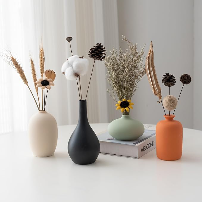 Vase Set of 4 with Dried Flower for Shelf Home Decor Matte Ceramic | For Modern Minimalist Bohemian, Pampas Grass, Home, Office, Shelf, Living Room, Bedroom,Entryway,Farmhouse Decor