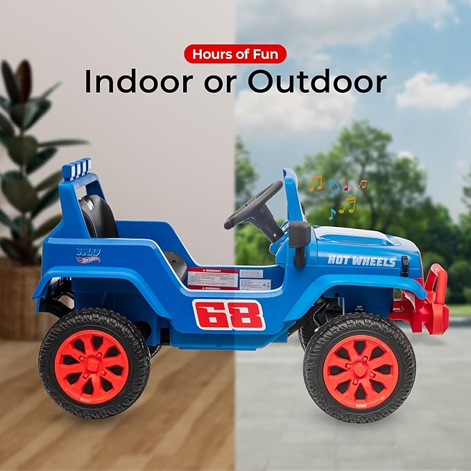 Hot Wheels - 12V Kids Ride On Jeep with Rechargeable Battery, LED Headlights, Press-Button Start, Durable Wheels, Forward & Reverse Drive, Contoured Seat