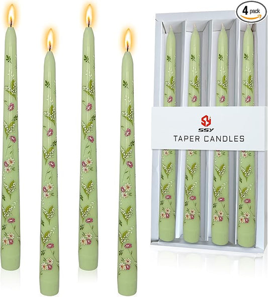 Scandinavian Tall Candle 10 in Green Printed Taper Candles Hand Printing Candlesticks Unscented Smokeless Tapered Candle Sticks for Home Decor Rustic Wedding Simple Modern, 4 Pack