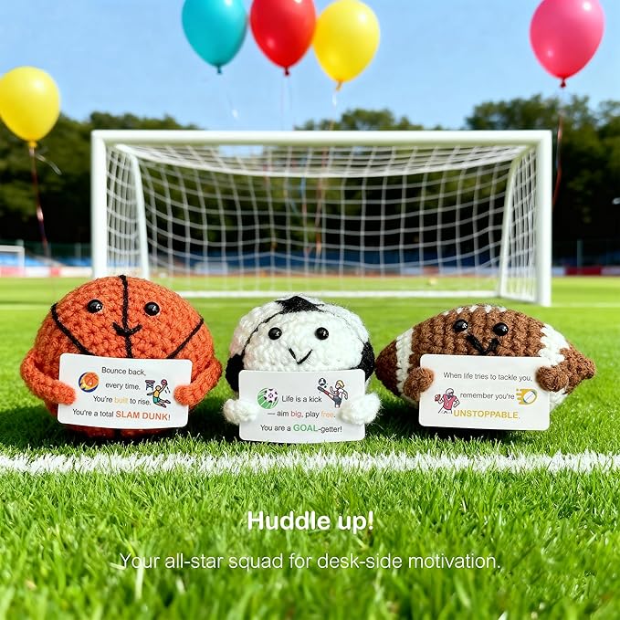 3-PCS | Sports Mania Crochet Set | Basketball Football Rugby Positive Plush | Handmade Emotional Stuffed Toys with Wooden Stand & Inspirational Cards | Mental Health Decor Gift for Fan Teens Adults