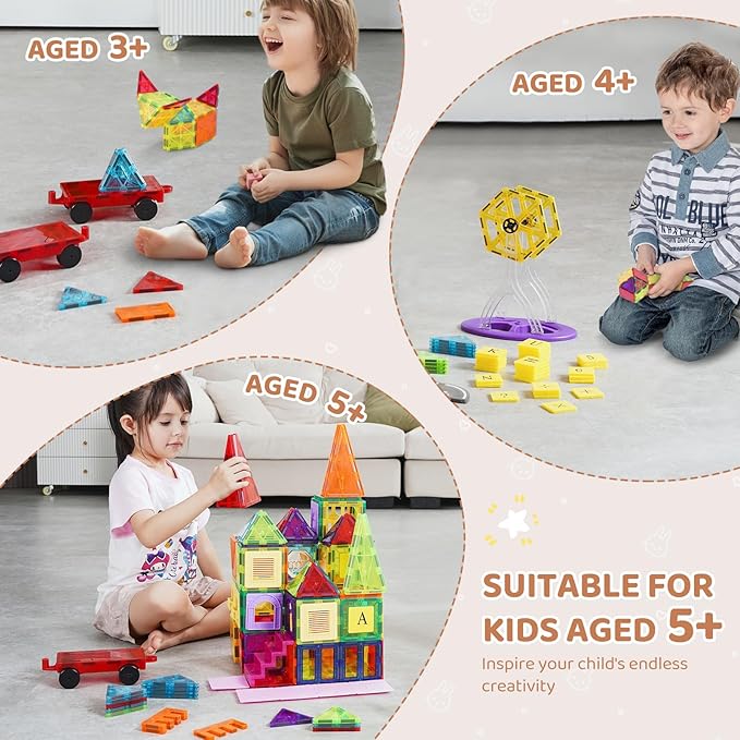 VEVOR Magnetic Tiles, 181 PCS Magnetic Blocks for Kids, Magnet Building Set with Car Bases/Ferris Wheel/Letter & Digital Cards, STEM Construction Stacking Toys for Toddlers Boys Girls Aged 3 Years