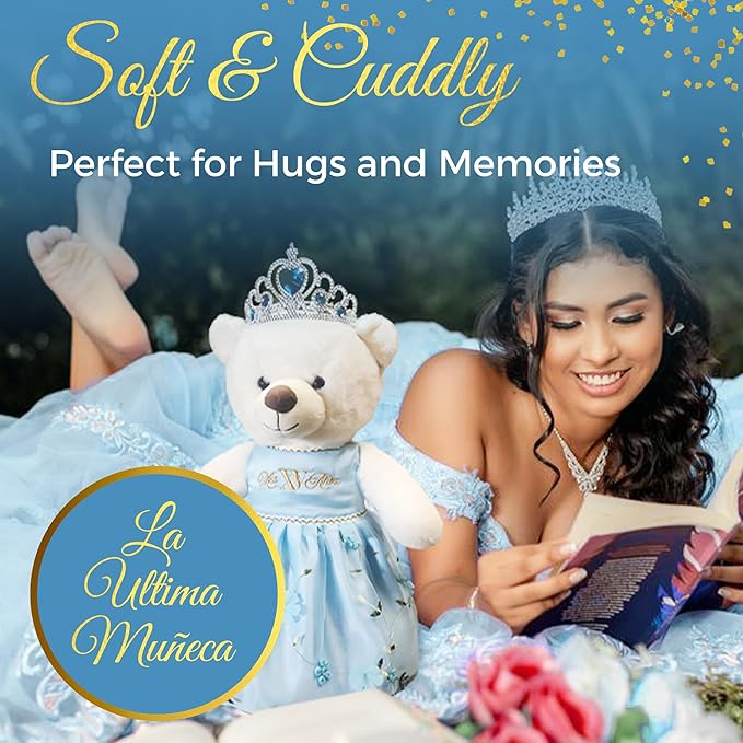 Quinceañera Teddy Bear 18-inches Tall with Dress for 15th Birthday, Quince Bear with Matching Crown, Ideal Keepsake for 15th Birthday, Mis XV Años - Light Blue