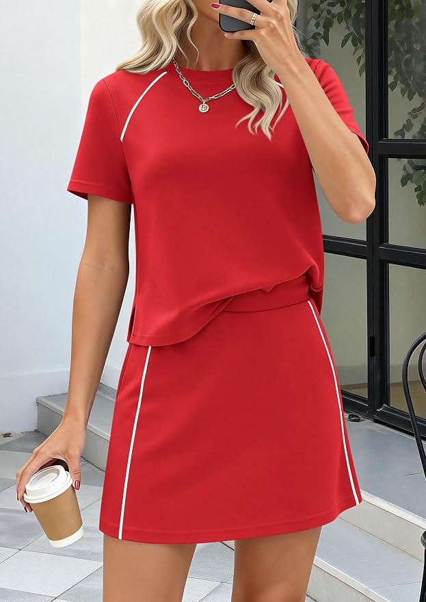 PRETTYGARDEN Women's 2 Piece Skirt Sets Matching Clothing | Short Sleeve Shirts,Color Block Tops,Mini Skirts with Shorts Pockets,Skort Set,Workout Active Wear,Tennis Golf,Summer Outfits