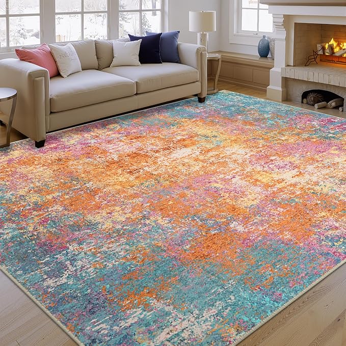 RELEANY Washable 9'x12' Abstract Area Rug for Living Room Starlight | carpet for bedroom, kitchen, office, hallway and entryway, printed pattern, non-slip, soft, stain-resistant, easy to clean