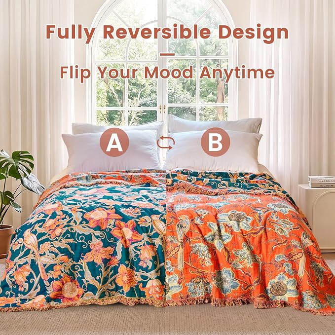 MSGKV Boho Throw Blanket 60"x80" 100% Cotton Floral Bird Blanket Couch Bed | 100% Cotton Throw, Floral Bird Design, Muslin Blanket, Summer Breathable, Farmhouse Home Decor, All Seasons, Machine Washable
