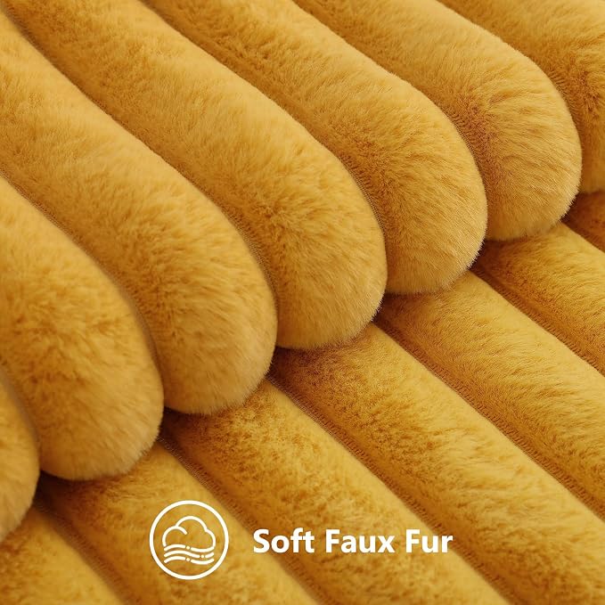 decorUhome Fall Faux Fur Throw Pillow Covers 12x20 Set of 2 Mustard Yellow | Decorative Soft Cozy Striped Plush Modern Farmhouse Boho Couch Pillow Cases Velvet Back for Sofa Bed Living Room Home Decor