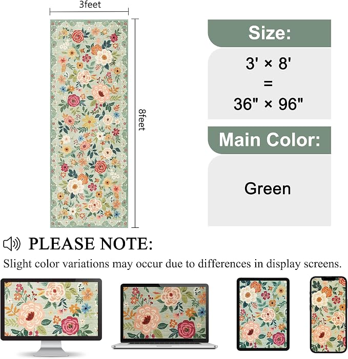 DUKINO 3x8 Kitchen Runner Rug, Washable Rug for Hallway Non Slip, Green | Soft, Low Pile, Floral Indoor Carpet Runner for Hallway, Entryway, Bedroom, Bathroom, Laundry, Pet Friendly, Home Decor