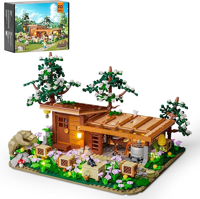 FUNWHOLE Bee-Farm Lighting Building-Bricks Set - Farm Bee Cottage Honey Workshop Collection LED Light Building Set 1274 Pcs for Adults and Teen