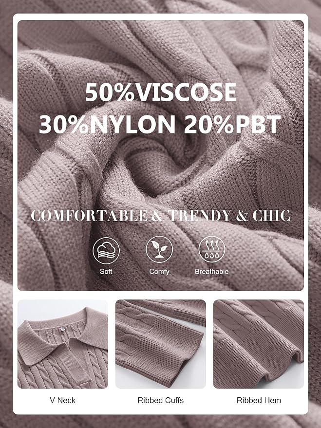 ANRABESS Womens Cable Knit Sweaters Long Sleeve V Neck | Pullover Collared Sweater Tops, Polo Knit Shirts, Business Casual Work, Tennis Golf, Fall Winter Fashion Outfits