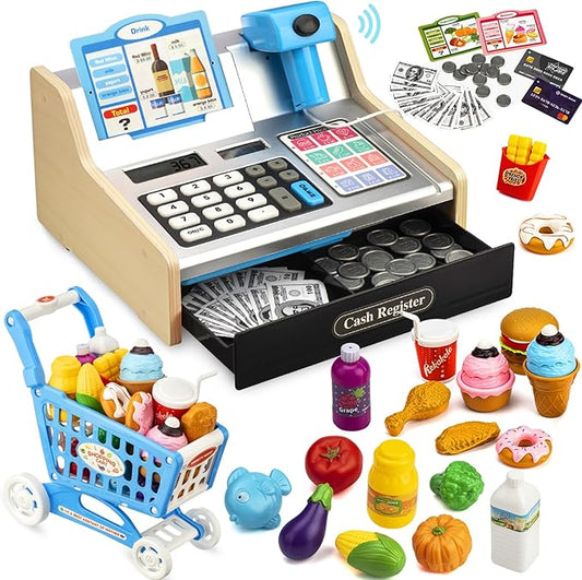 Wooden Cash Register for Kids with Shopping Cart Rechargeable Kid Cash Register with Scanner Gift for Kids Age 3 4 5 6 7 8 9 Year Old Pretend Play for Toddlers Toys for 3-12 Year Old Boys