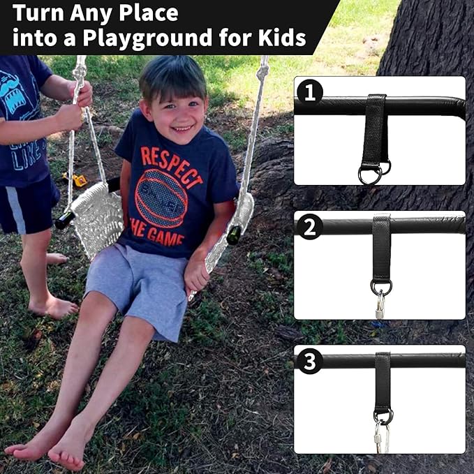 Hi-Na Tree Swing for Kids, Adjustable Toddler Rope Swing Seat with Snap Hooks and Straps, 440 lbs Capacity, Swingset Accessories for Indoor Porch Doorway Outdoor Playground Backyard (Gray)