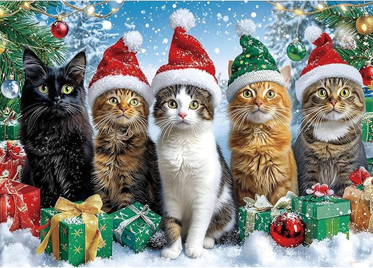 Christmas Cats Gathering 1000 Piece Puzzle for Adults, Fun Puzzles for Adults 1000 Pieces with HD Print & Poster, 27.5 * 19.7 in Dust Free, for Gifts Halloween Christmas Family Games Lovers