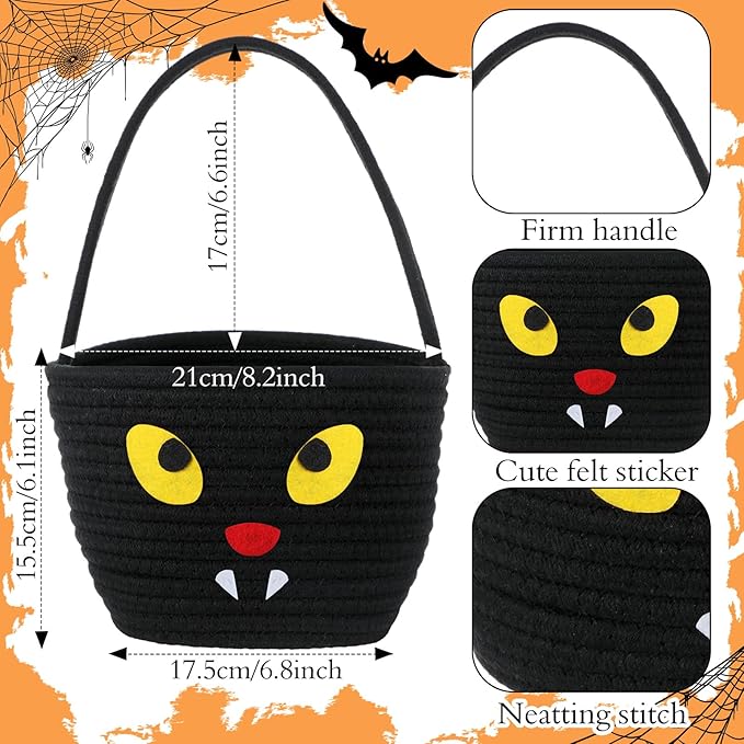 Halloween Trick or Treat Basket with Handle Cute Bucket Cotton Rope Woven Candy Bag Pumpkin Witch Cat Pig Storage Basket for Halloween Party Favor(black,Cat)