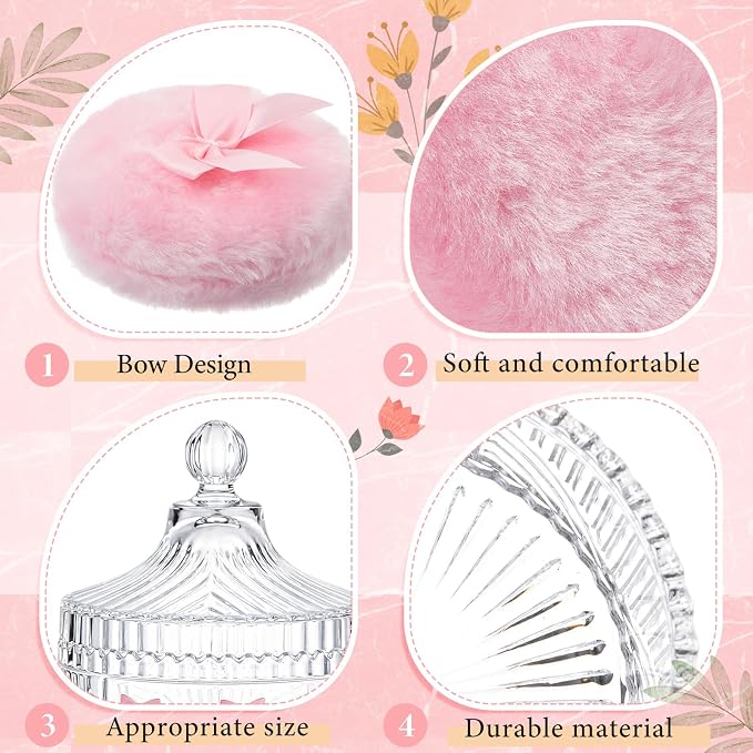 Tioncy 3 Pcs Large Body Powder Puff and Container Valentine's Day gift Powder Container with Puff Crystal Case Soft Washable Reusable Velour Face Body Glitter Wet Dry Makeup (Pink Bow,Clear)