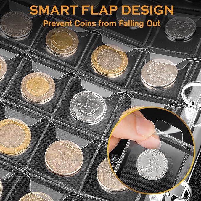Coin Collection Book Holder for Collectors, Fireproof Coin Collection Supplies with Lock, 320 Pockets Coins Album and 36 Currency Album Storage Organizer, Coins Collector Gifts for Bill, Penny, Black