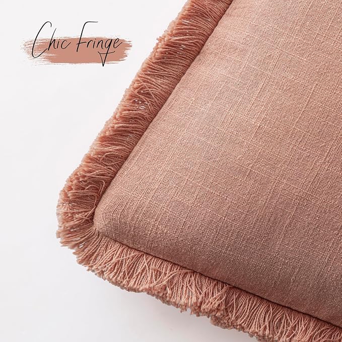 Foindtower Set of 2 Decorative Linen Fringe Throw Pillow Covers Cozy Boho Farmhouse Cushion Cover with Tassels Soft Accent Pillowcase for Couch Sofa Bed Living Room Home Decor,24×24 Inch,Coral Pink