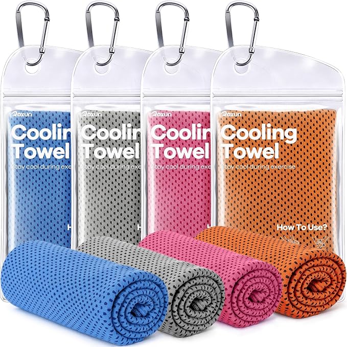 ROXUN 4 Pack Cooling Towels, 40''x12'' Soft Breathable Chilly Neck Ice Rags | Workout Running Golf Gray+Blue+Pink+Orange