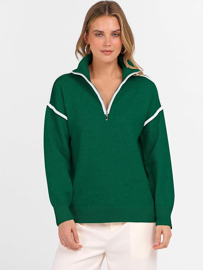 ANRABESS Womens Quarter Zip Sweaters Fall Long Sleeve V Neck Shirts Collared Business Casual Tops Knit Pullover Sweatshirts