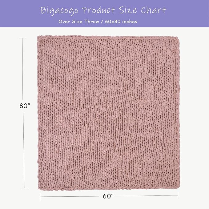 Bigacogo Chunky Knit Throw Blanket for Couch, 60x80 inches, Dusty Pink | Hand Knit with Jumbo Chenille, Soft Breathable Cable Knit for Sofa Bed Living Room, Machine Washable, Gift for Mom Friend