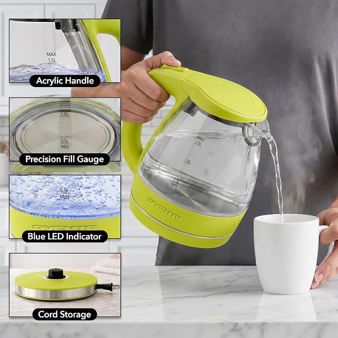 OVENTE Electric Kettle, 1.5L Borosilicate Glass Countertop Water Heater and Boiler for Coffee or Tea, BPA-Free, Auto Shut-Off, Boil-Dry Protection, Removable and Washable Spout Filter, Green KG83G