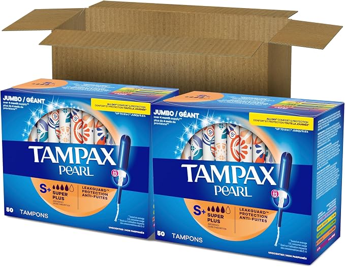 Tampax Pearl Tampons for Women, with LeakGuard Braid, Super Plus Absorbency, Unscented, 100 Count (2 Packs of 50)