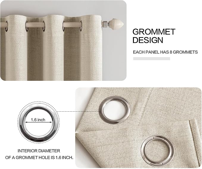 MIULEE 100% Blackout Linen Curtains for Bedroom Thermal Insulated Stone Grommet Room Darkening Curtains & Drapes Fall Decor for Living Room 52 x 84 Inch (2 Panels)