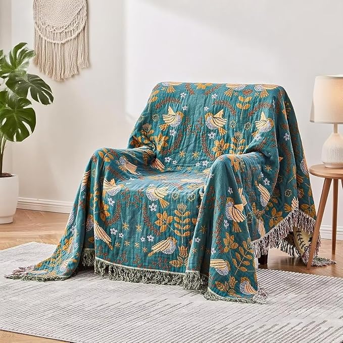 Boho Throw Blanket for Bed 100% Cotton Bohemian Blankets Ultra Soft Woven Muslin Decorative Blankets All Seasons Vintage Quilt Knitted Blanket for Sofa Chair(Blue, 90"x98")