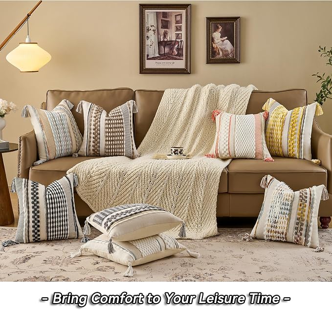 Set of 2 Chenille Striped Textured Boho Throw Pillow Covers Aesthetic with Tassels Woven Decorative Pillow Case for Couch Bed Sofa Bedroom Modern Funky 18 x 18-Inch Taos Taupe