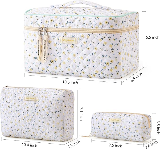 HBselect Quilted Makeup Bag, 3PCS Cotton Large Travel Makeup Bag, Cute Floral Coquette Make up Bag Cosmetic Bag Toiletry Bag for Women Girls
